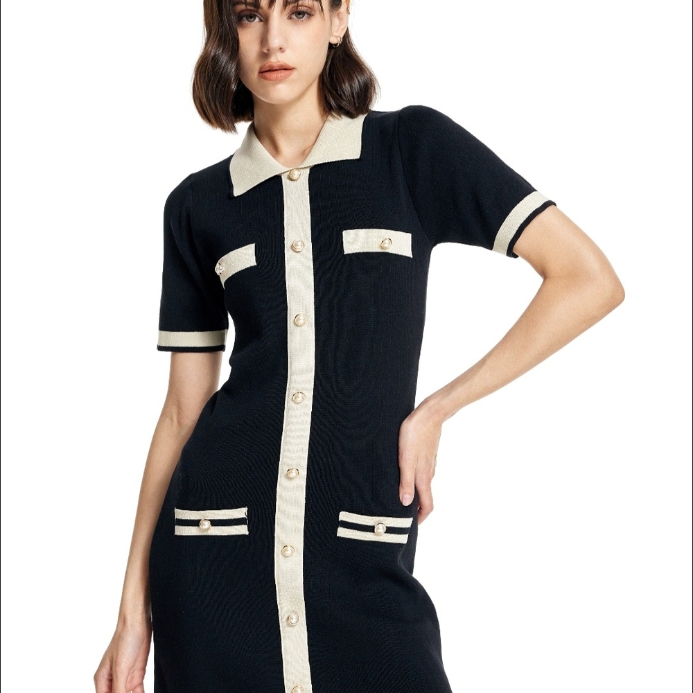 NWT Cider Knit Contrasting Edge Pearl Mini Dress Sz S Mod Classic Vintage Style